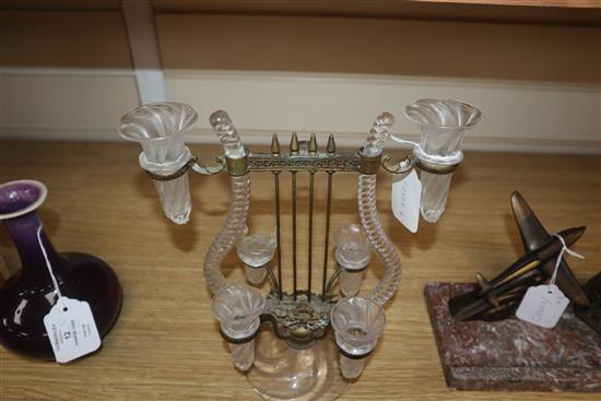 A Bohemian brass and glass lyre-shaped centrepiece